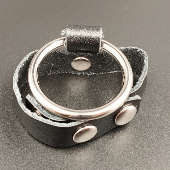 Stainless Steel Penis Ring With Black Leather Strap