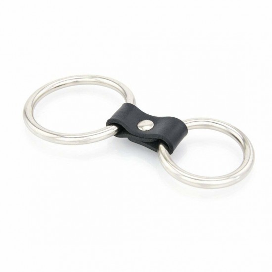 Stainless Steel Double Penis Ring with Real Leather Strap