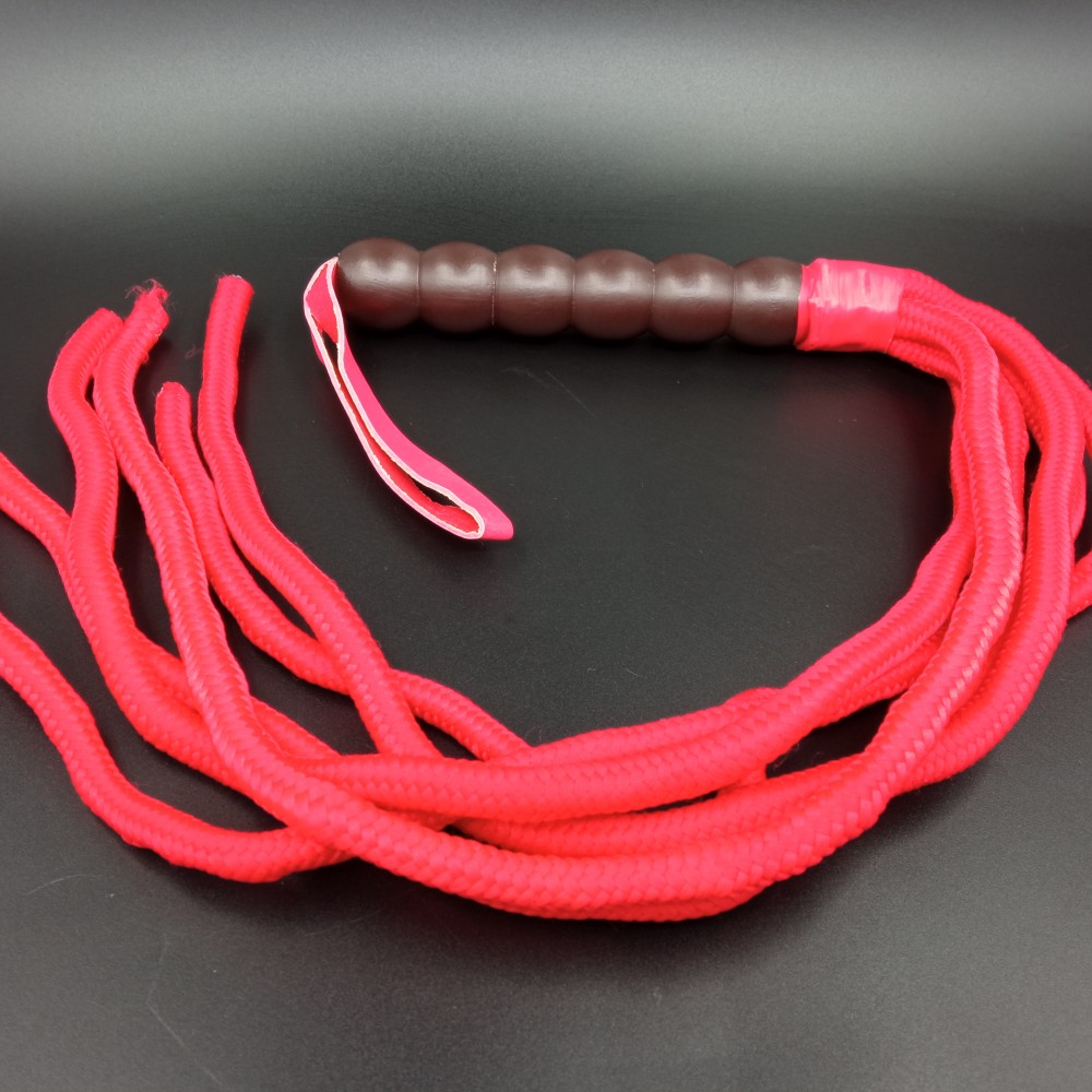 Six Tailed Red Cotton Rope Flogger with Wooden Handle