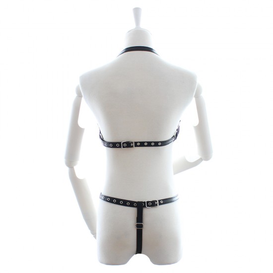 Black Faux Leather 2 Piece Riveted Female Fetishwear