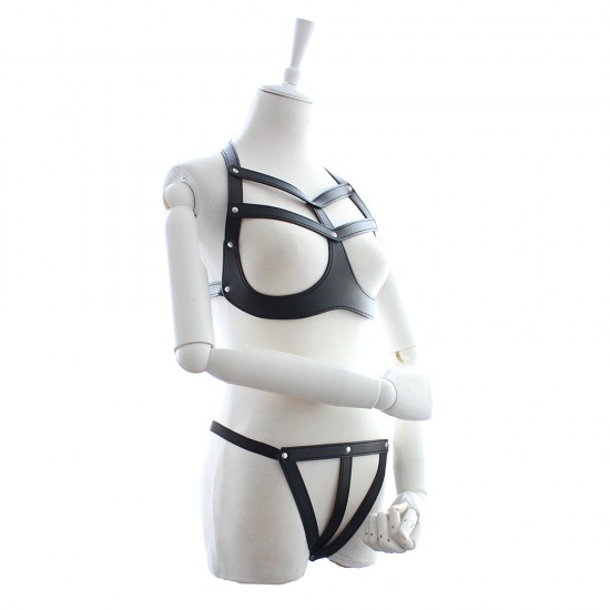 Black Faux Leather Open Bust Revealing Female Fetishwear