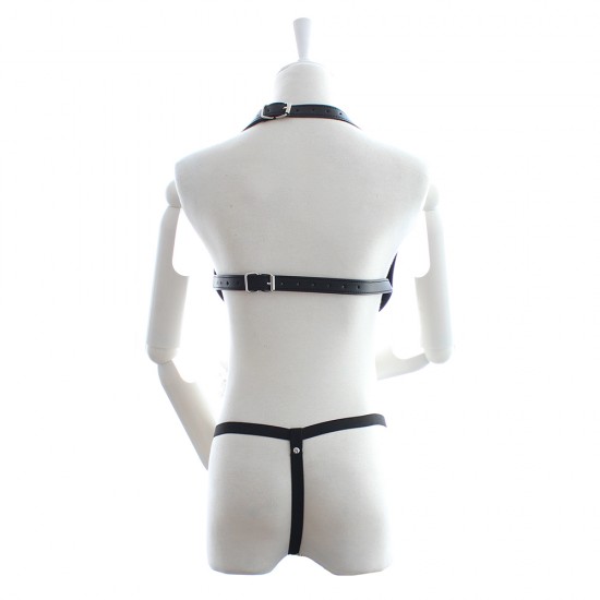 Black Faux Leather Open Bust Revealing Female Fetishwear