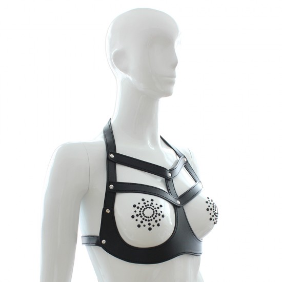 Black Faux Leather Open Bust Revealing Female Fetishwear