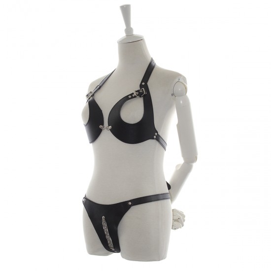 Black Faux Leather Open Bikini Style Female Fetishwear