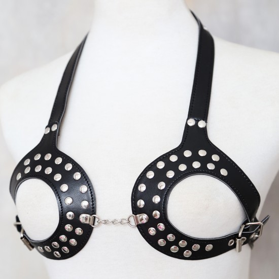 Black Faux Leather 2 Piece Heart Shaped Female Fetishwear