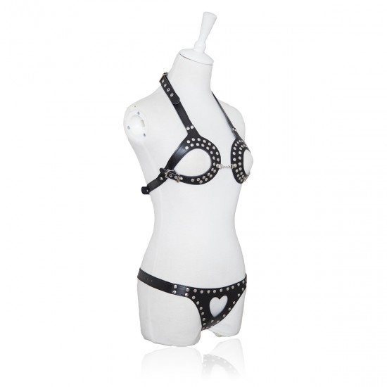 Black Faux Leather 2 Piece Heart Shaped Female Fetishwear