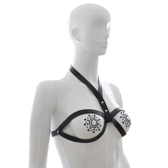 Black Faux Leather Female Fetishwear Open Bikini Top