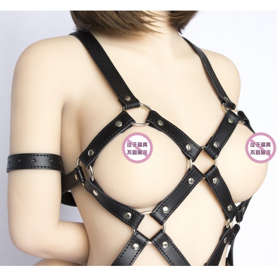 Black Faux Leather Female Fetishwear with Arm Restraint